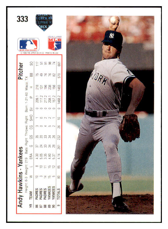 1991 Upper Deck #333 Andy Hawkins Yankees Signed Autographed 531888