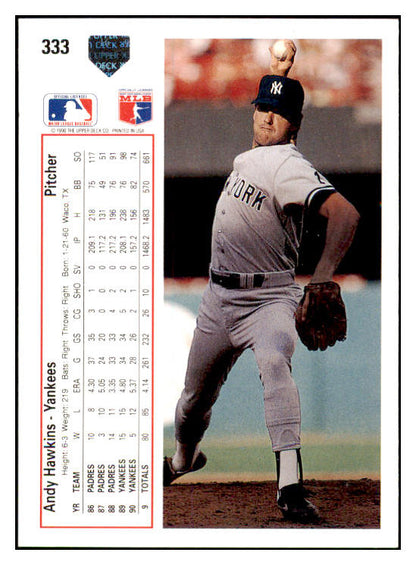 1991 Upper Deck #333 Andy Hawkins Yankees Signed Autographed 531888
