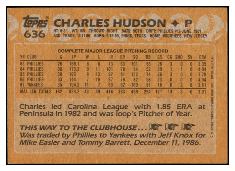 1988 Topps #636 Charles Hudson Yankees Signed Autographed 531891