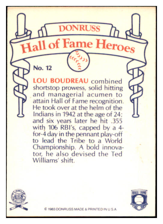 1983 Donruss Heroes #012 Lou Boudreau Indians Signed Autographed 531933