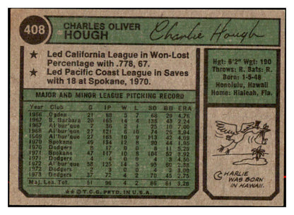 1974 Topps #408 Charlie Hough Dodgers Signed Autographed 531953