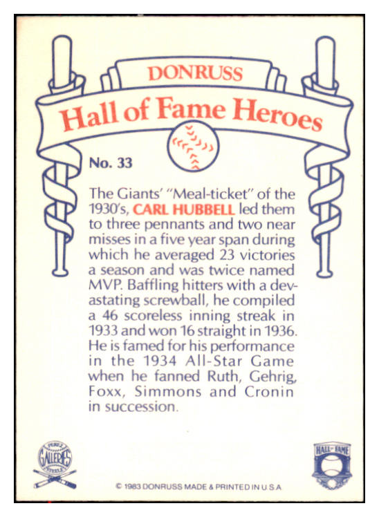 1983 Donruss Heroes #033 Carl Hubbell Giants Signed Autographed 531955