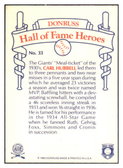 1983 Donruss Heroes #033 Carl Hubbell Giants Signed Autographed 531955