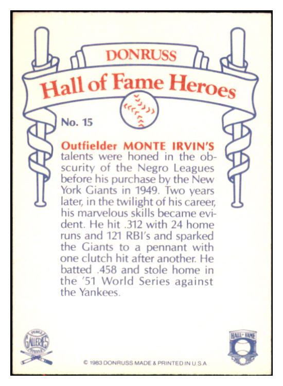 1983 Donruss Heroes #015 Monte Irvin Giants Signed Autographed 531956