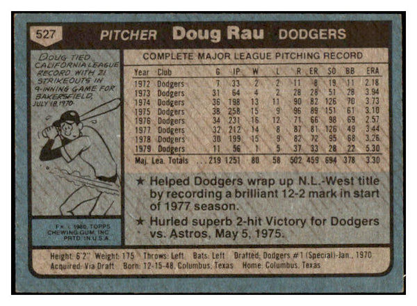 1980 Topps #527 Doug Rau Dodgers Signed Autographed 531994