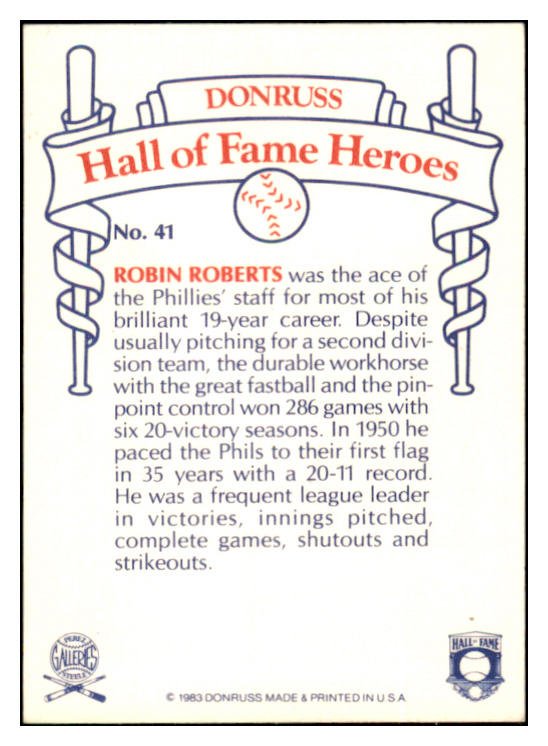 1983 Donruss Heroes #041 Robin Roberts Phillies Signed Autographed 532000