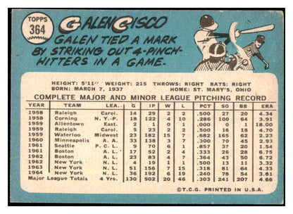 1965 Topps #364 Galen Cisco Mets Signed Autographed 532020