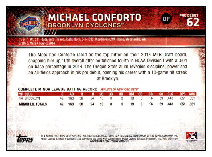 2015 Topps Debut #062 Michael Conforto Mets Signed Autographed 532022