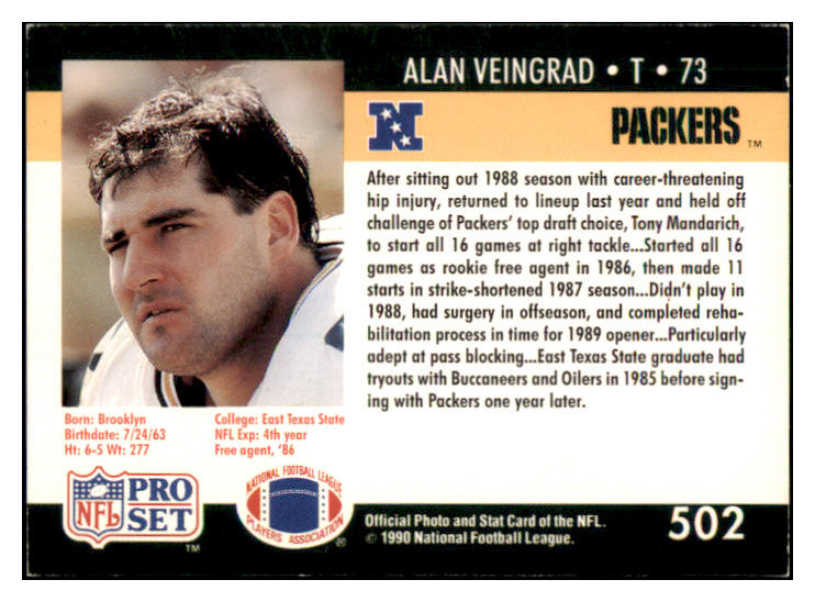 1990 Pro Set #502 Alan Veingrad Packers Signed Autographed 532028