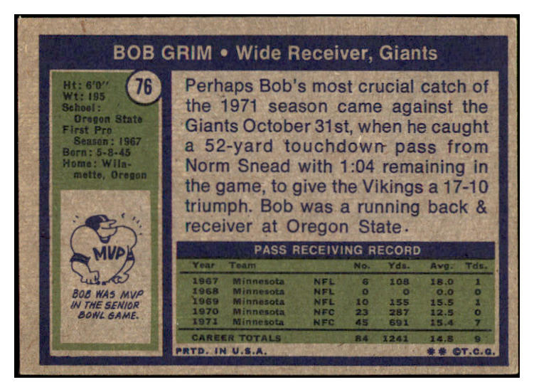 1972 Topps #076 Bob Grim Giants Signed Autographed 532036