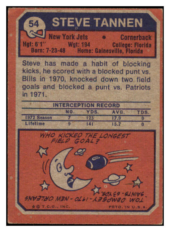 1973 Topps #054 Steve Tannen Jets Signed Autographed 532043