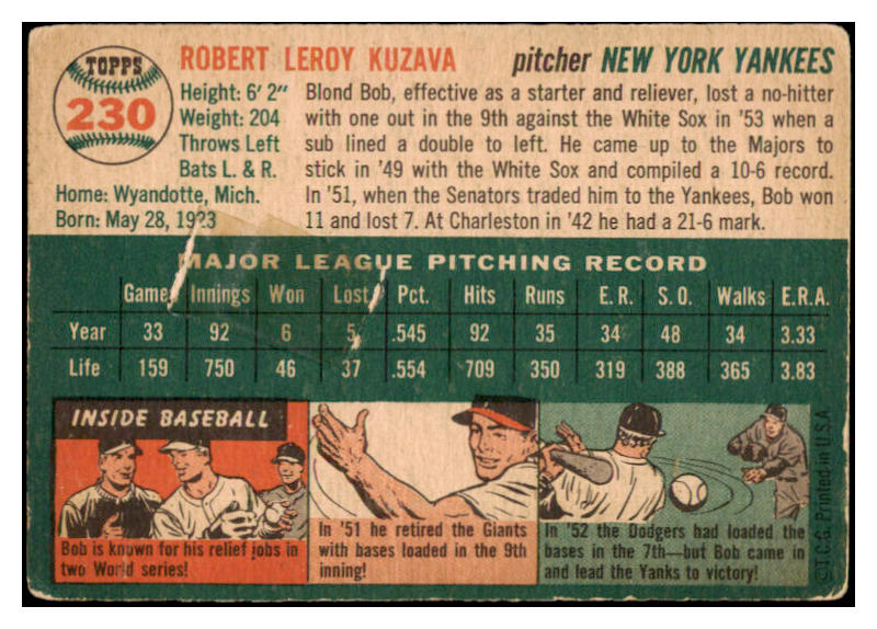1954 Topps #230 Bob Kuzava Yankees Signed Autographed 532074
