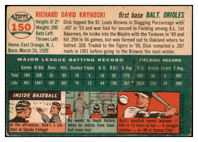 1954 Topps #150 Dick Kryhoski Orioles Signed Autographed 532087