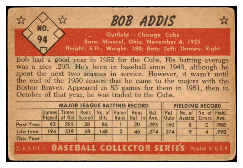 1953 Bowman #094 Bob Addis Cubs Signed Autographed 532101