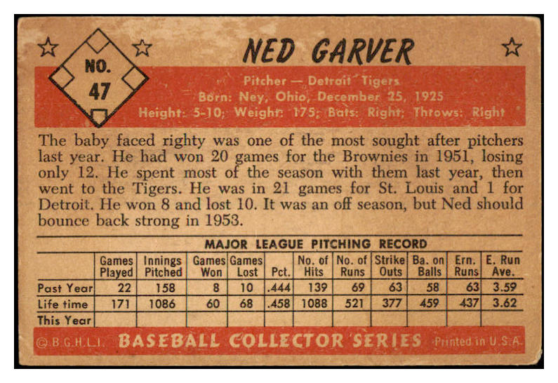 1953 Bowman #047 Ned Garver Tigers Signed Autographed 532104
