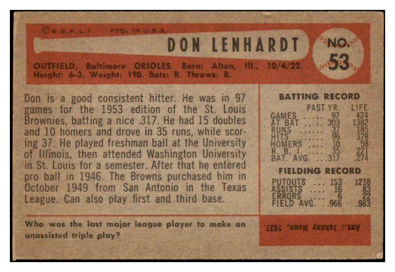 1954 Bowman #053 Don Lenhardt Orioles Signed Autographed 532108