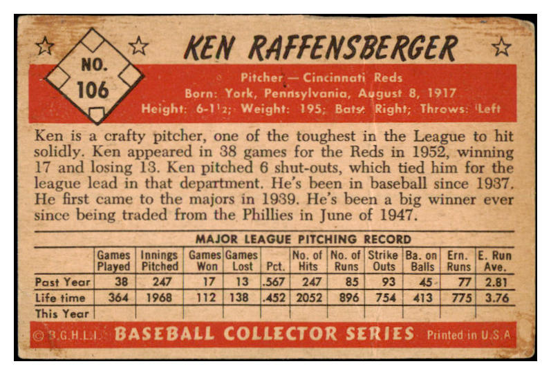 1953 Bowman #106 Ken Raffensberger Reds Signed Autographed 532109