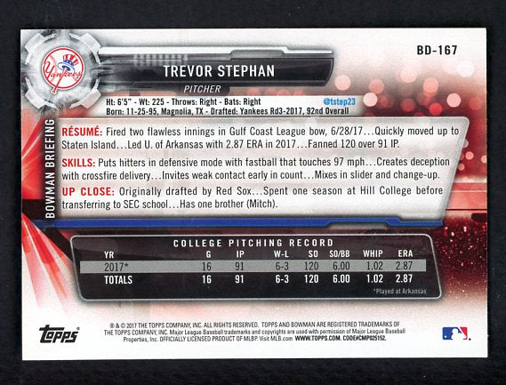 2017 Bowman Draft #BD167 Trevor Stephan Yankees Signed Autographed 532114
