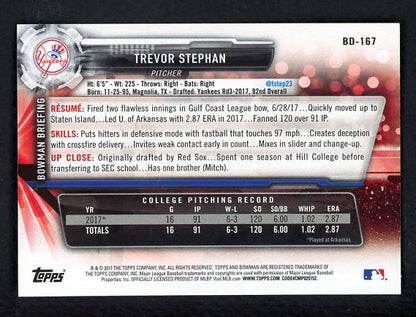 2017 Bowman Draft #BD167 Trevor Stephan Yankees Signed Autographed 532114