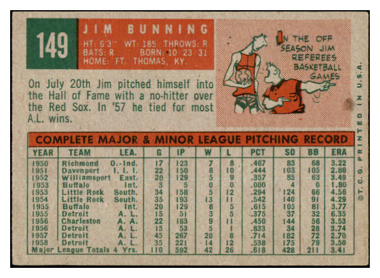 1959 Topps Baseball #149 Jim Bunning Tigers VG-EX 532177