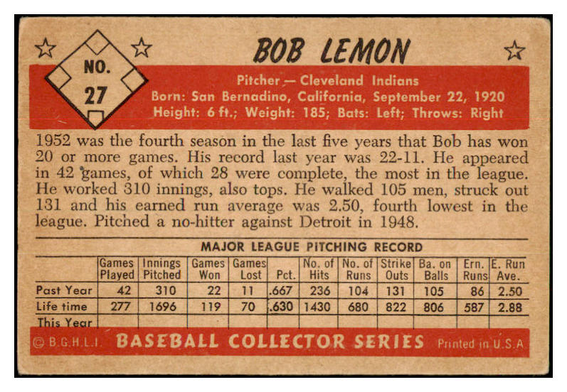 1953 Bowman Black & White Baseball #027 Bob Lemon Indians VG-EX 532260