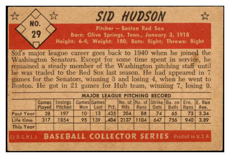 1953 Bowman Black & White Baseball #029 Sid Hudson Red Sox VG-EX 532263