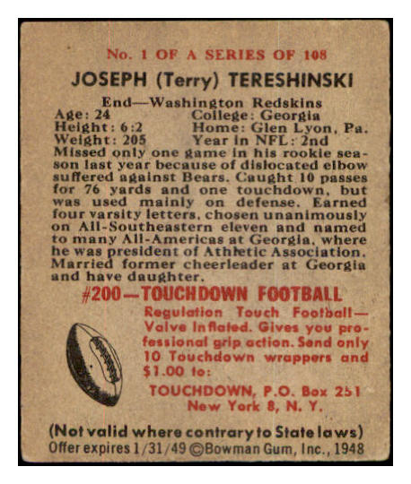 1948 Bowman Football #001 Joseph Tereshinski Washington VG 532276