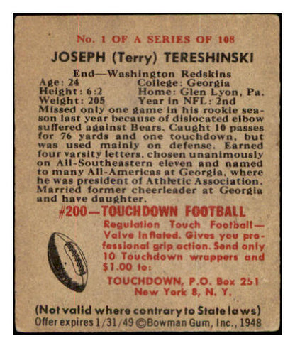 1948 Bowman Football #001 Joseph Tereshinski Washington VG 532276