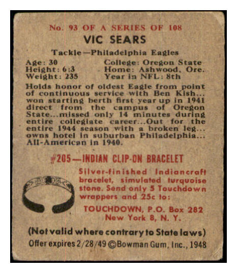 1948 Bowman Football #093 Vic Sears Eagles GD-VG 532282