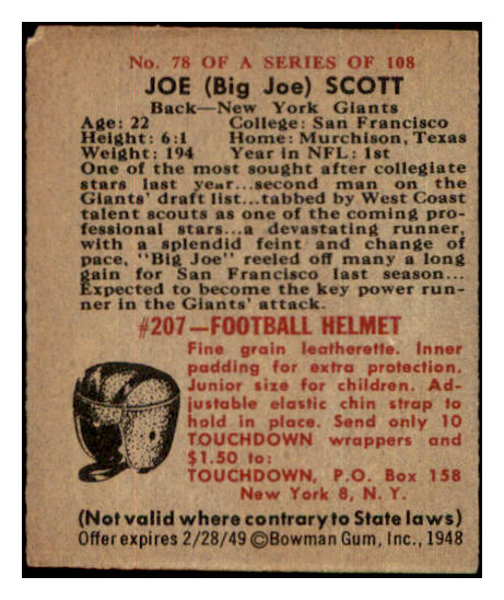 1948 Bowman Football #078 Joe Scott Giants GD-VG 532285