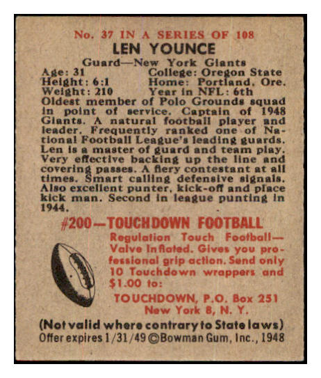 1948 Bowman Football #037 Len Younce Giants VG 532288
