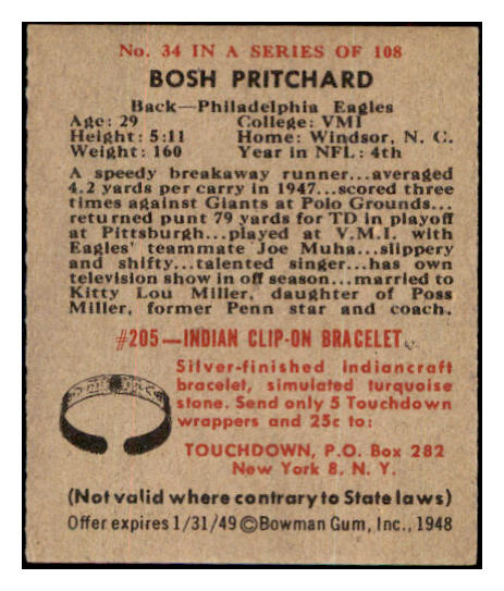 1948 Bowman Football #034 Bosh Pritchard Eagles VG 532289