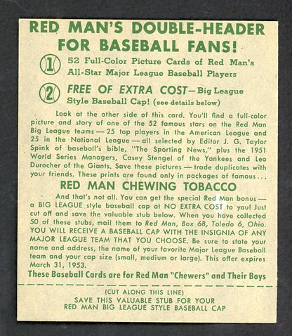 1952 Red Man #019NL Red Schoendienst Cardinals EX-MT w Tab 532334