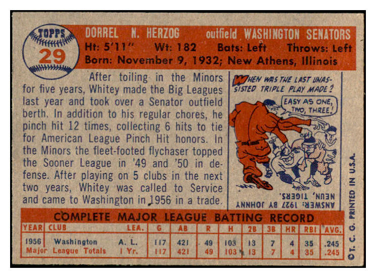 1957 Topps Baseball #029 Whitey Herzog Senators EX-MT 532473