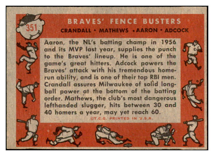 1958 Topps Baseball #351 Hank Aaron Eddie Mathews EX+/EX-MT 532536