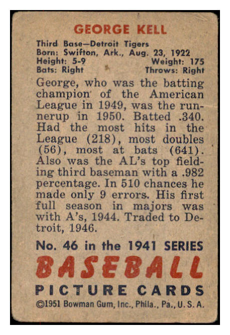 1951 Bowman Baseball #046 George Kell Tigers Good 532540