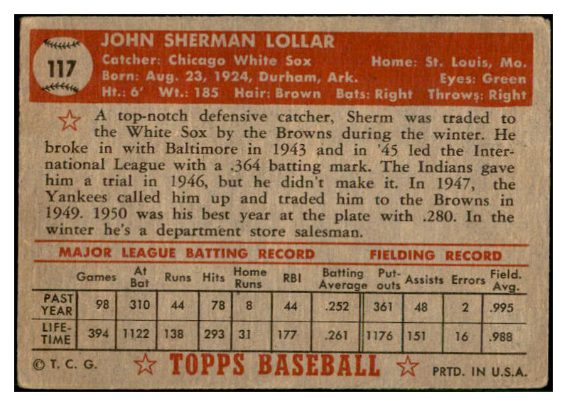 1952 Topps Baseball #117 Sherm Lollar White Sox Good 532606