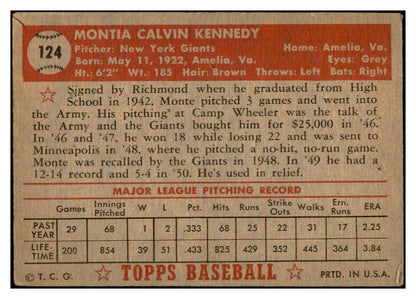 1952 Topps Baseball #124 Monte Kennedy Giants Good 532607