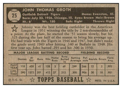 1952 Topps Baseball #025 Johnny Groth Tigers EX-MT Black 532621