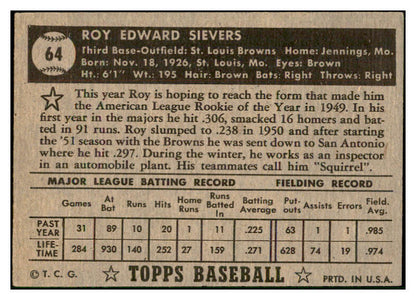 1952 Topps Baseball #064 Roy Sievers Browns EX Black 532622