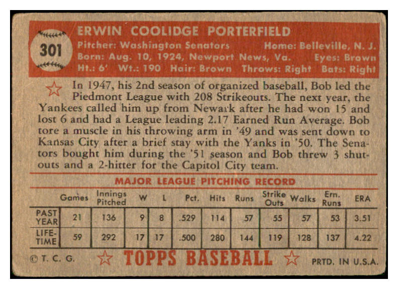 1952 Topps Baseball #301 Bob Porterfield Senators Good 532656