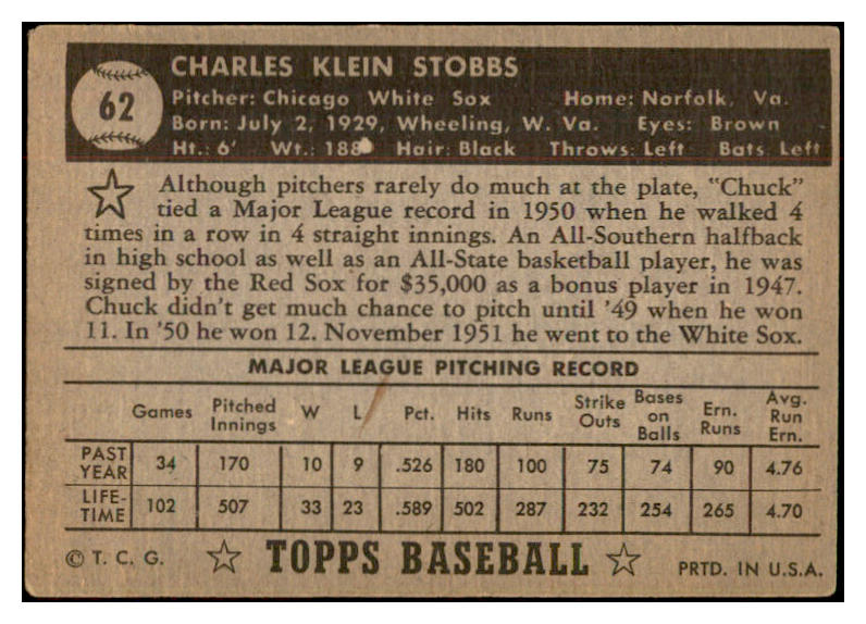 1952 Topps Baseball #062 Chuck Stobbs White Sox VG-EX Black 532680