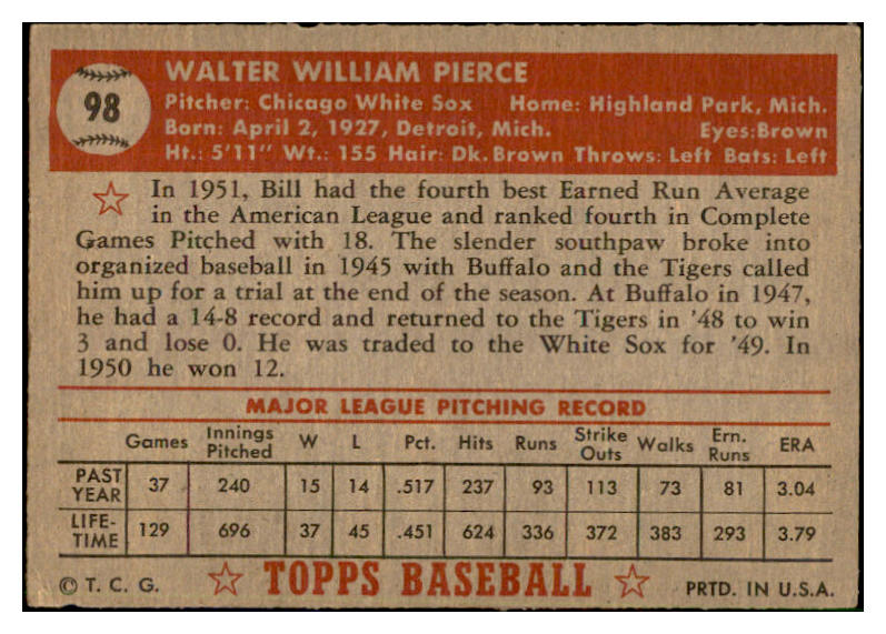 1952 Topps Baseball #098 Billy Pierce White Sox VG-EX 532687