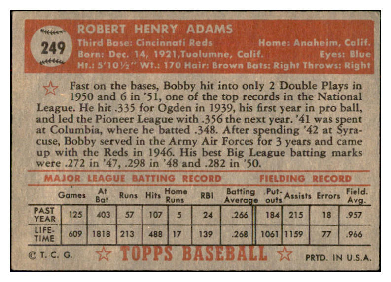 1952 Topps Baseball #249 Bobby Adams Reds VG-EX 532719
