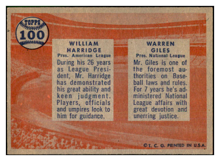 1957 Topps Baseball #100 Warren Giles William Harridge VG-EX 532735