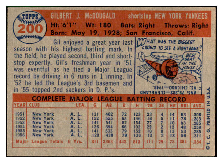 1957 Topps Baseball #200 Gil McDougald Yankees EX-MT 532736