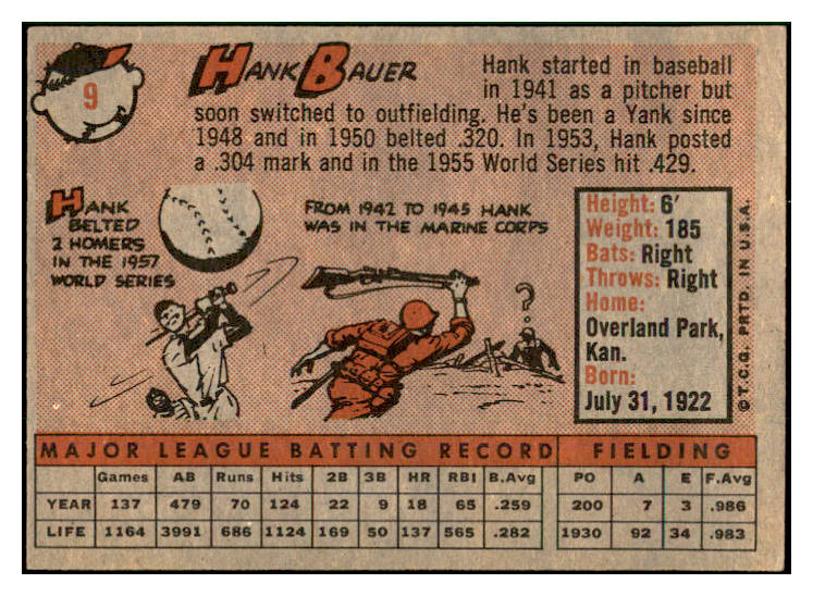 1958 Topps Baseball #009 Hank Bauer Yankees EX-MT 532739