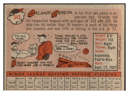1958 Topps Baseball #343 Orlando Cepeda Giants EX-MT 532744