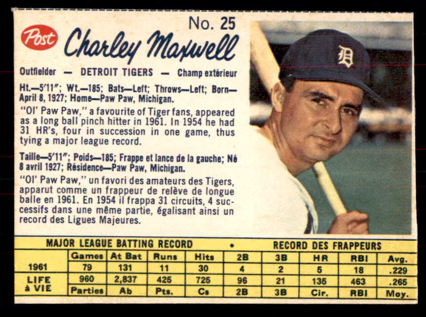 1962 Post Canadian Baseball #025 Charley Maxwell Tigers Low Grade 532779