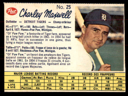 1962 Post Canadian Baseball #025 Charley Maxwell Tigers Low Grade 532779